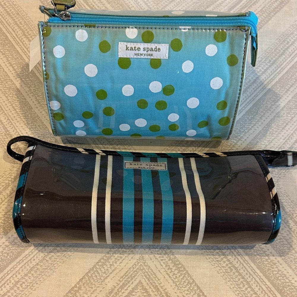 Kate Spade Blue and Green Polka Dot & Brown Striped Cosmetic Bags Set of Two